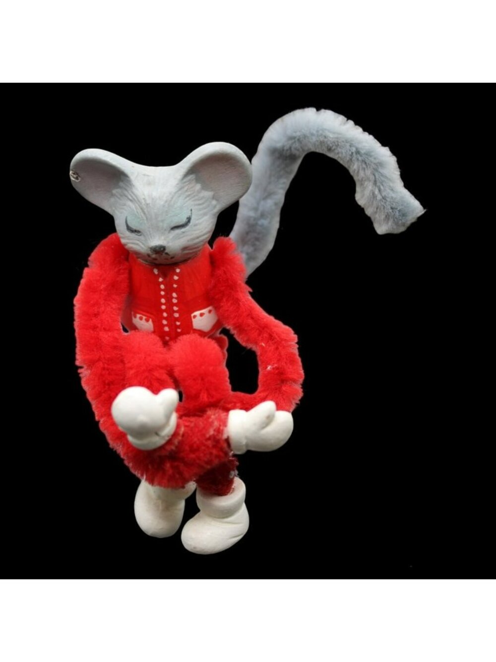 Chenille Mouse Pixie Elf Knee Hugger Ornament Hand Painted Wood Body & Head